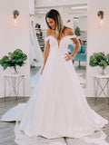 Simple Off the Shoulder Satin Wedding Dresses Chapel Train VW1843-wedding dresses-Viniodress-Viniodress