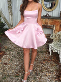 Simple Pink Spaghetti Strap Homecoming Dresses with Pockets SD1232