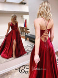 Simple Red Satin Long Prom Dresses with Slit FD2639