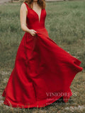 Simple Red Satin V Neck Long Prom Dresses with Pockets FD1760-prom dresses-Viniodress-Viniodress