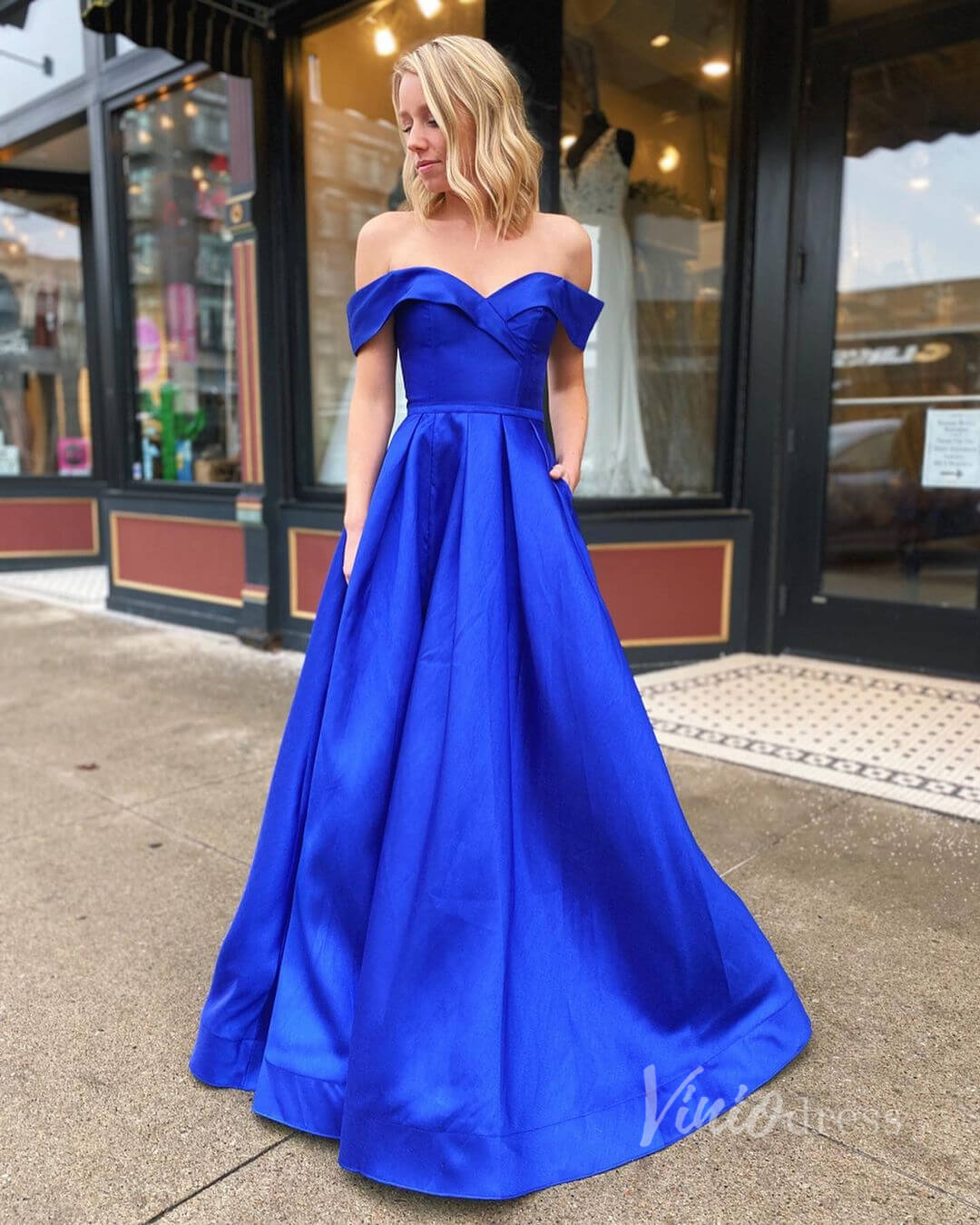 Simple Royal Blue Satin Prom Dresses Off the Shoulder FD2853-prom dresses-Viniodress-Viniodress