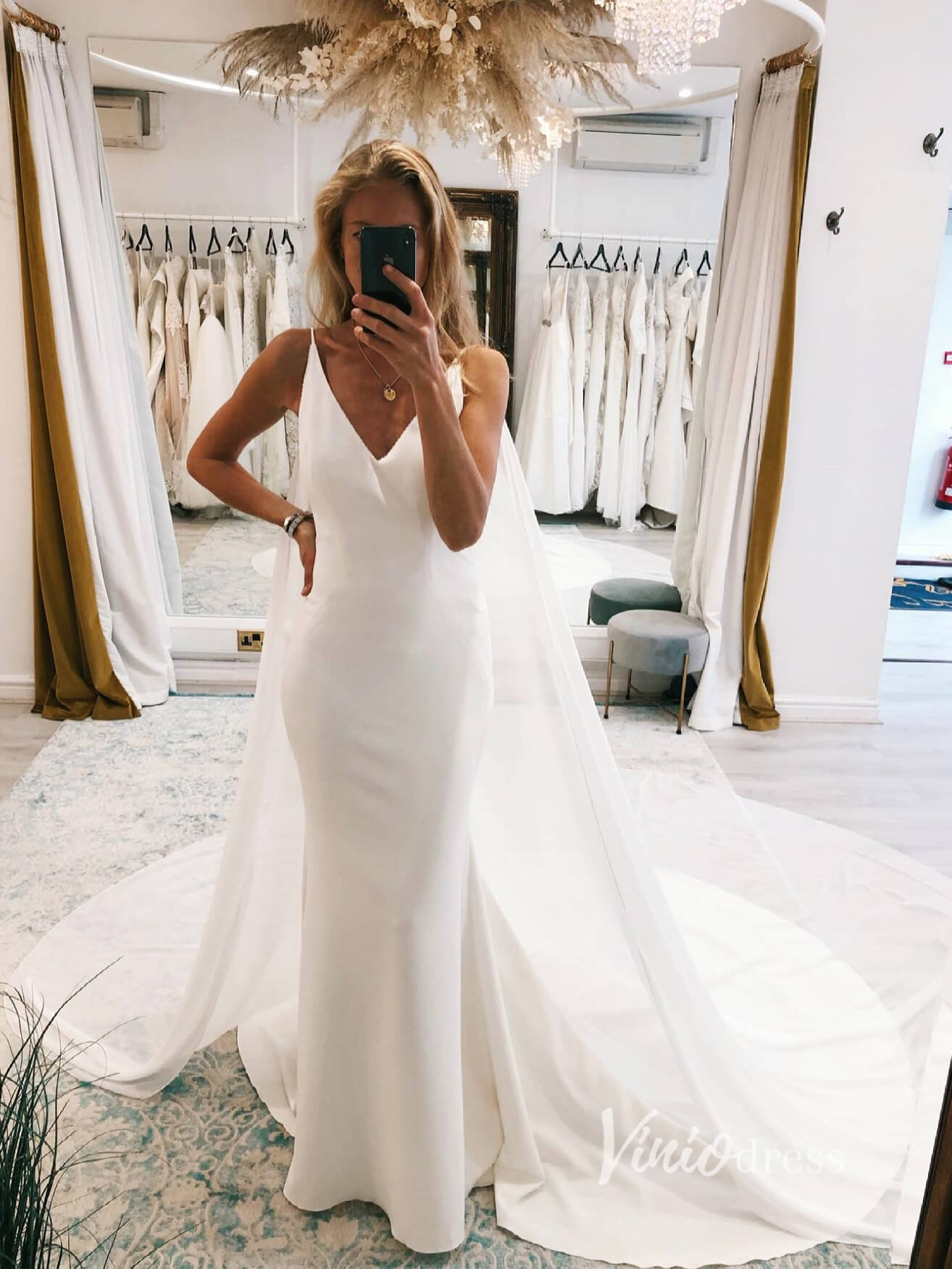 Simple Satin Modern Wedding Dresses with Cape VW2143-wedding dresses 2025 -Viniodress-Ivory-Custom Size-