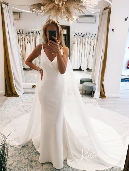 Simple Satin Modern Wedding Dresses with Cape VW2143-wedding dresses 2025 -Viniodress-Ivory-Custom Size-