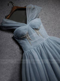 Simple Slate Blue Tulle Long Prom Dresses Off the Shoulder FD1619-prom dresses-Viniodress-Viniodress