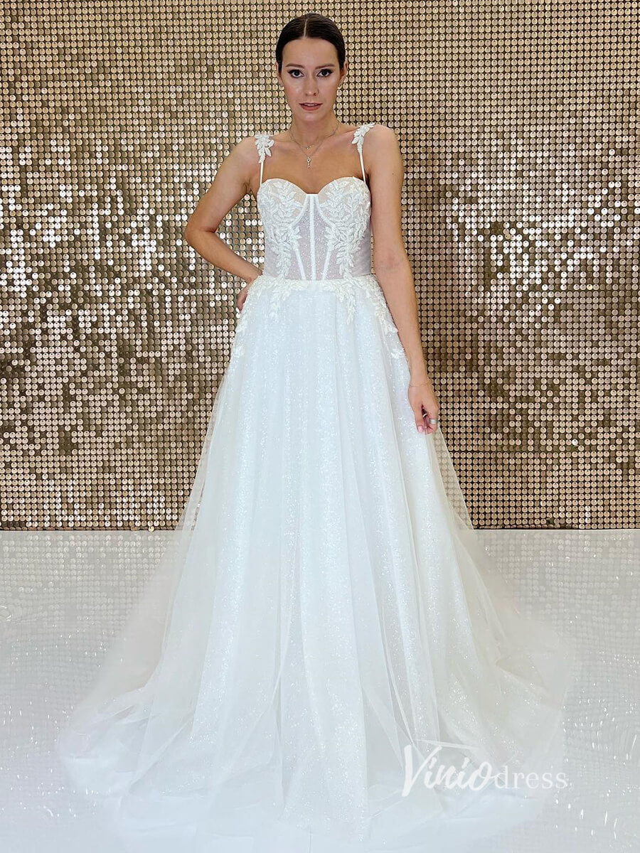 Simple Sparkly Tulle Wedding Dresses Spagehtti Strap VW2112-wedding dresses-Viniodress-Ivory-Custom Size-Viniodress