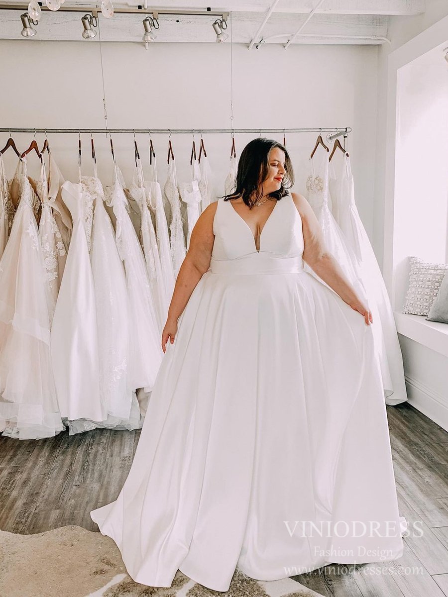 Simple V-Neck Plus Size Satin Wedding Dresses with Pockets VW1848-wedding dresses 2025 -Viniodress-Ivory-Custom Size-