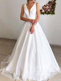 Simple V Neck Sparkly Wedding Dresses Low Back Bridal Dress VW1460