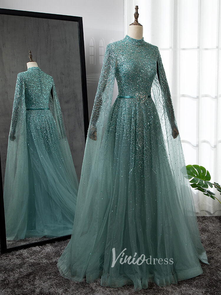 Sky Blue Beaded Evening Dresses Extra Long Sleeve High Neck Pageant Dress FD3017-prom dresses-Viniodress-Viniodress