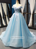 Sky Blue Long Prom Dresses Off Shoulder Princess Dress FD1163 viniodress