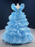 Sky Blue Pageant Gown Deep V-neck Tiered Prom Dresses 67202 viniodress-Quinceanera Dresses-Viniodress-Viniodress