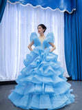 Sky Blue Pageant Gown Deep V-neck Tiered Prom Dresses 67202 viniodress