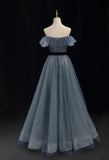 Slate Blue Tulle Prom Dresses 2022 Off Shoulder Evening Dress-Prom Dresses-VINIODRESS-Viniodress