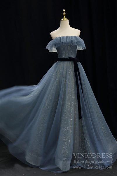 Slate Blue Tulle Prom Dresses 2022 Off Shoulder Evening Dress – Viniodress