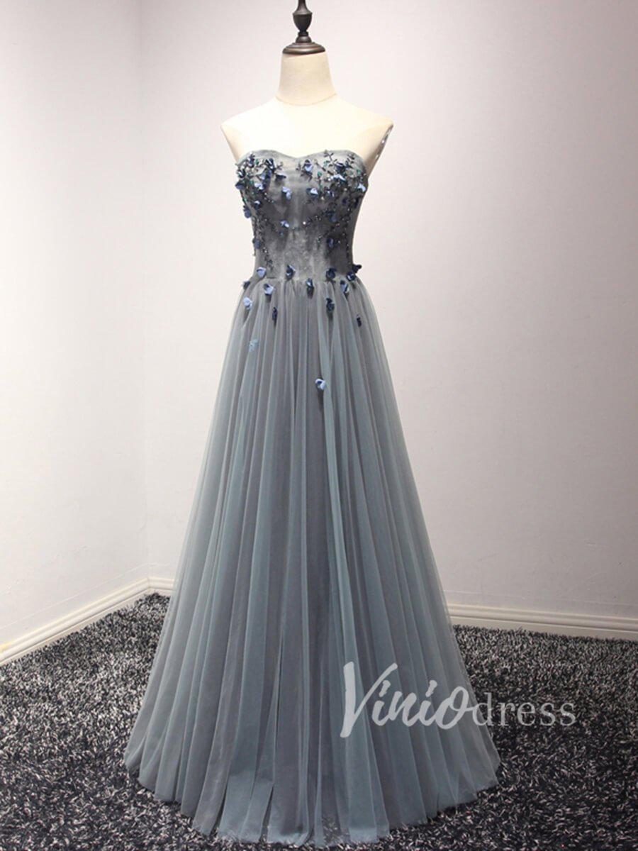 Slate Grey Strapless Floral Prom Dresses Long FD1519-prom dresses-Viniodress-As Picture-Custom Size-Viniodress