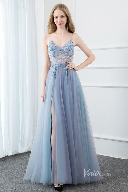 Spaghetti Strap Beaded A-line Blue Prom Dress with Slit FD2774-prom dresses-Viniodress-Dusty Blue-US 2-Viniodress