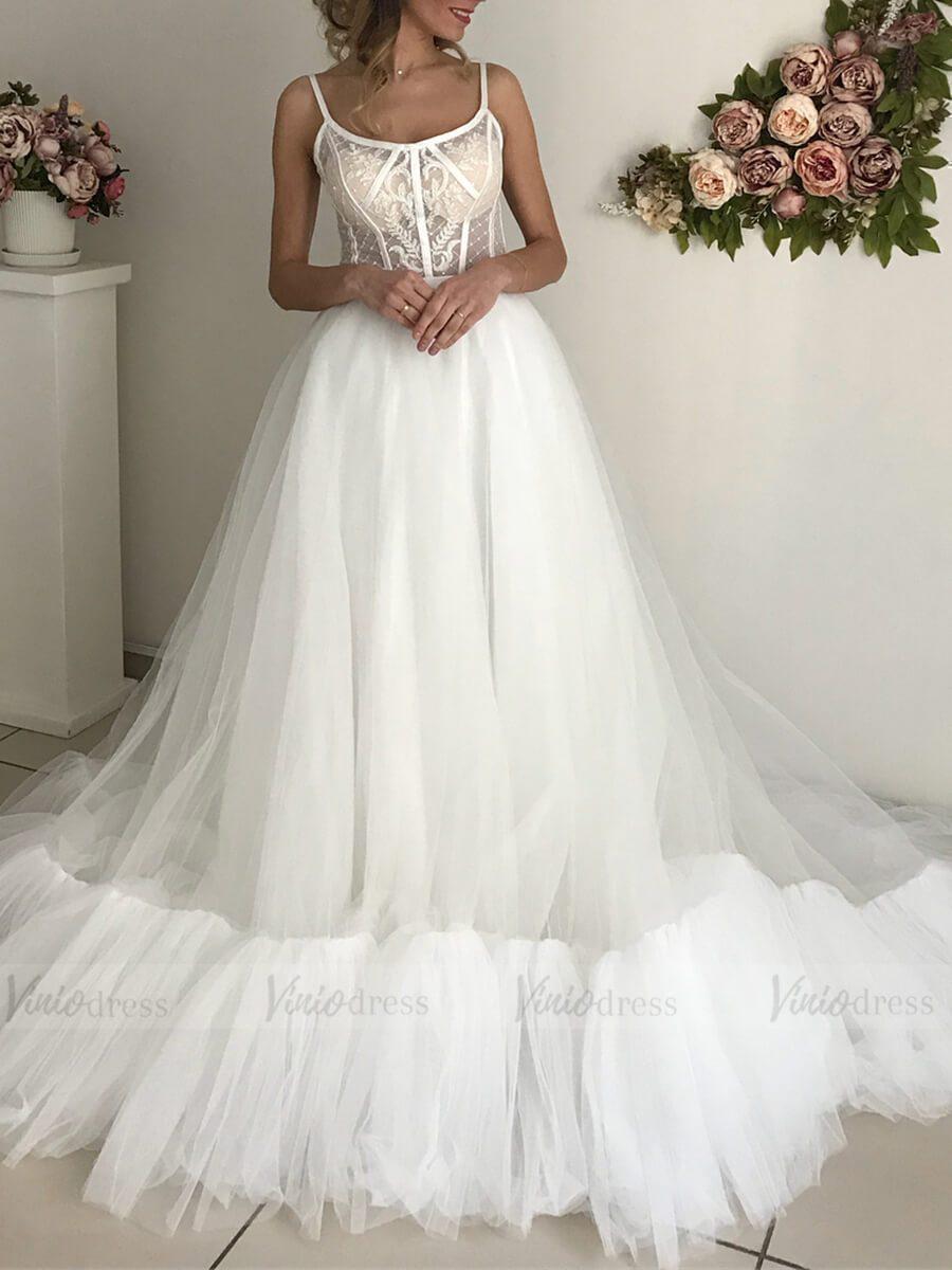 Spaghetti Strap Beaded Fluffy Tulle Boho Wedding Dresses 2019 VW1339-wedding dresses-Viniodress-Viniodress