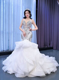 Spaghetti Strap Beaded Mermaid Wedding Dress with Layered Skirt 67386