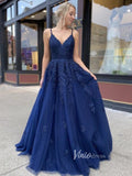 Spaghetti Strap Blue Prom Dresses Lace Appliqued Formal Dress FD2637