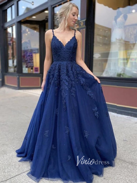 Spaghetti Strap Blue Prom Dresses Lace Appliqued Formal Dress FD2637 ...