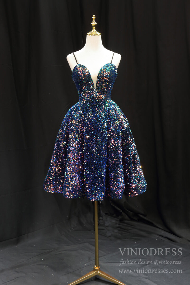 Spaghetti Strap Blue Sequin Shiny Homecoming Dresses SD1393-homecoming dresses-Viniodress-Blue-Custom Size-Viniodress