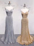 Spaghetti Strap Gold Beaded Prom Dresses Mermaid Formal Dress FD1372