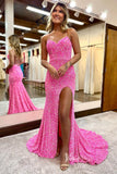 Spaghetti Strap Hot Pink Sequin Prom Dresses with Slit Lace-up Back FD1438