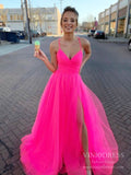 Spaghetti Strap Hot Pink Tulle Prom Dresses with Slit FD2544-prom dresses-Viniodress-Viniodress