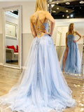 Spaghetti Strap Lace Appliqued Prom Dresses Light Blue Formal Gown FD1579