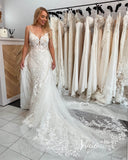 Spaghetti Strap Lace Mermaid Wedding Dress with Detachable Overskirt VW2151