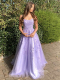 Spaghetti Strap Lavender Lace Long Prom Dress lace-up back FD2651