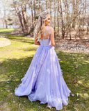 Spaghetti Strap Lavender Organza Prom Dresses with 3D Flowers FD1016B-prom dresses-Viniodress-Viniodress