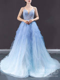 Spaghetti Strap Light Blue Ombre Long Prom Dresses 2020 FD1972 viniodress