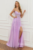 Spaghetti Strap Lilac Lace Prom Dresses with Slit FD1348B Boned Bodice