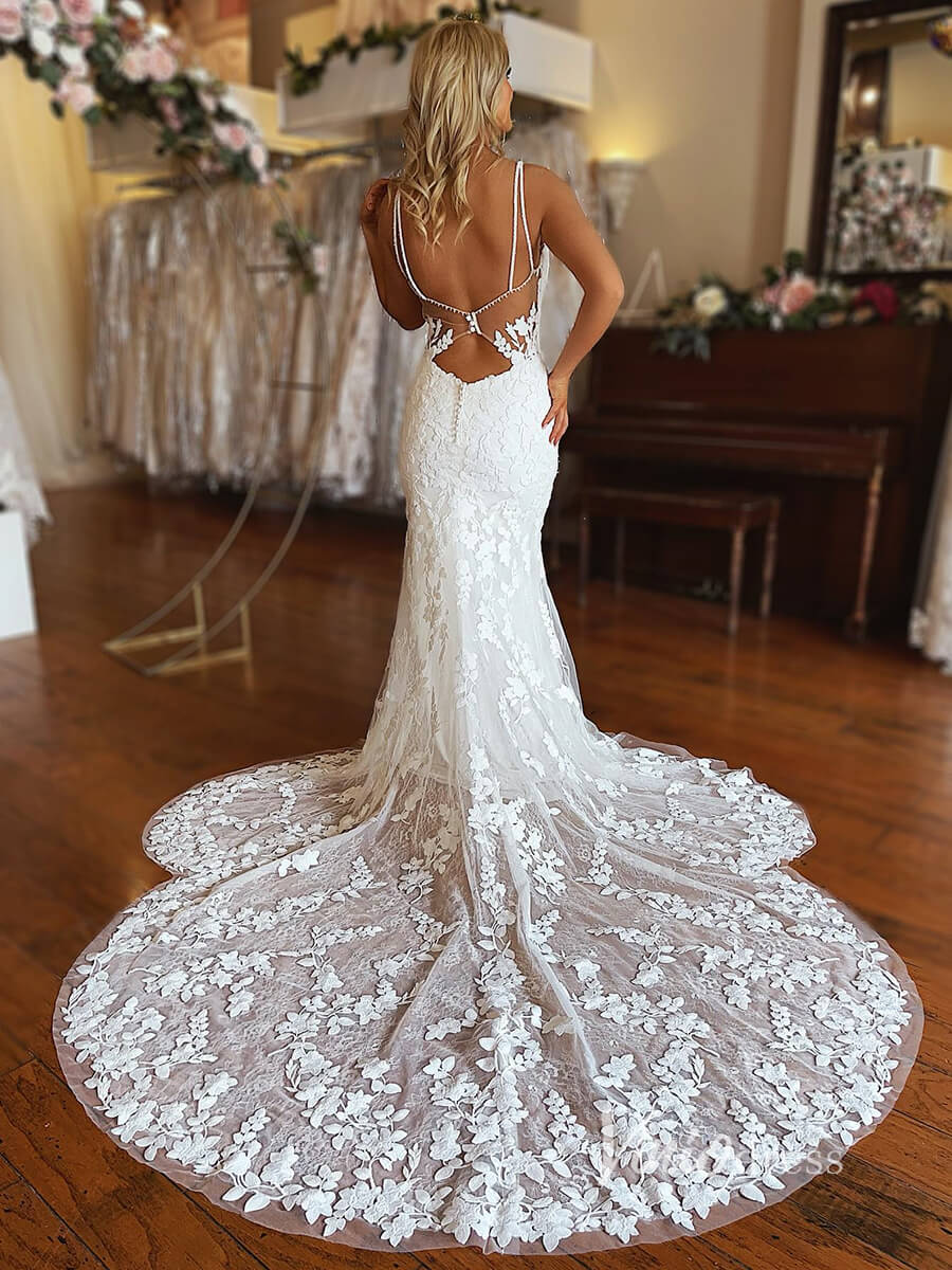 Spaghetti Strap Mermaid Lace Wedding Dresses Modern Beach Wedding Dress VW2119-wedding dresses 2025 -Viniodress-Ivory-Custom Size-