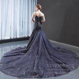 Spaghetti Strap Navy Blue Beaded Prom Dresses with Cathedral Train FD1675 viniodress-prom dresses-Viniodress-Viniodress