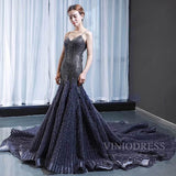 Spaghetti Strap Navy Blue Beaded Prom Dresses with Cathedral Train FD1675 viniodress-prom dresses-Viniodress-Viniodress