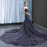 Spaghetti Strap Navy Blue Beaded Prom Dresses with Cathedral Train FD1675 viniodress-prom dresses-Viniodress-Viniodress