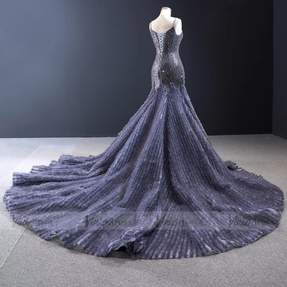 Spaghetti Strap Navy Blue Beaded Prom Dresses with Cathedral Train FD1675 viniodress-prom dresses-Viniodress-Viniodress