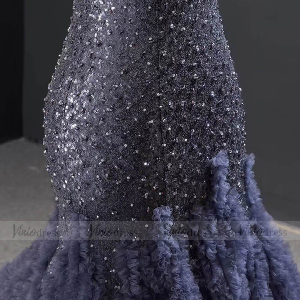 Spaghetti Strap Navy Blue Beaded Prom Dresses with Cathedral Train FD1675 viniodress-prom dresses-Viniodress-Viniodress
