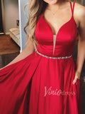 Spaghetti Strap Red Prom Dresses V Neck Long Formal Dress FD1581-prom dresses-Viniodress-Viniodress