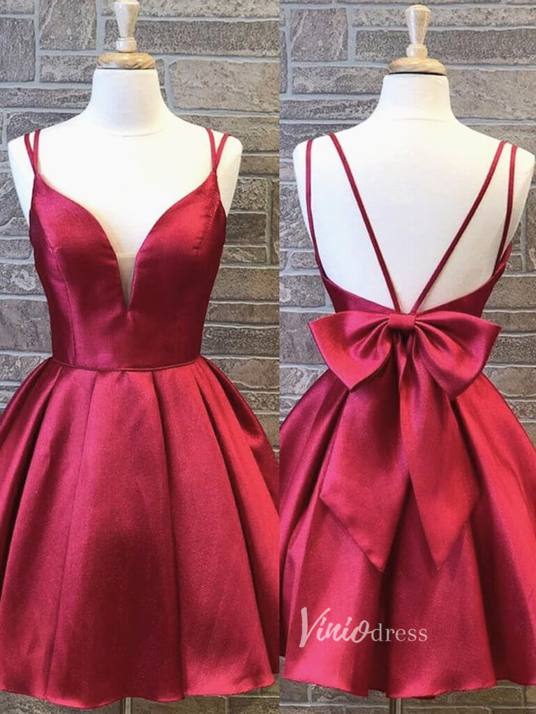 Spaghetti Strap Satin Homecoming Dresse with Bow on Back SD1090-homecoming dresses-Viniodress-Dark Red-Custom Size-Viniodress