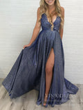 Spaghetti Strap Sparkly Mauve Prom Dresses with Slit FD1780-prom dresses-Viniodress-Blue-Custom Size-Viniodress