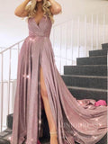 Spaghetti Strap Sparkly Mauve Prom Dresses with Slit FD1780