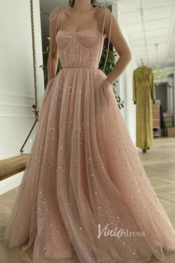 Spaghetti Strap Starry Prom Dresses with Pockets FD2659B-prom dresses-Viniodress-Blush Pink-Custom Size-Viniodress