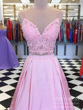 Spaghetti Strap Two Piece Pink Satin Prom Dresses Lace Bodice FD2125-prom dresses-Viniodress-Viniodress