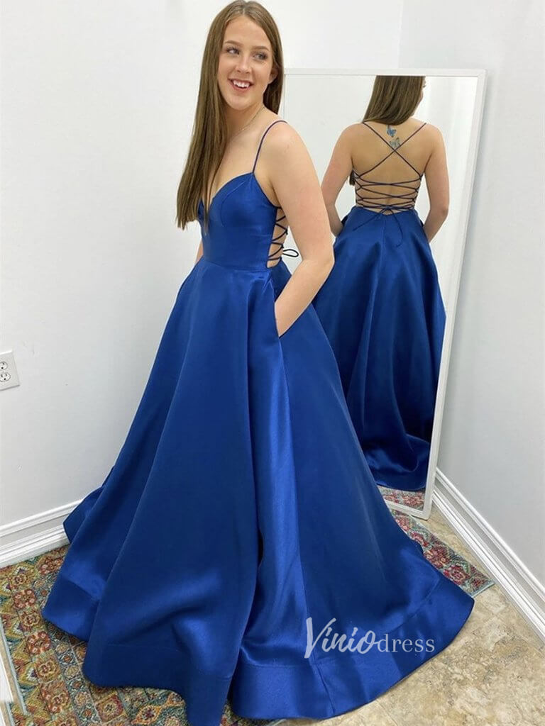 Spaghetti Strap V-neck Blue Satin Prom Dress with Pockets FD2640-prom dresses-Viniodress-Royal Blue-Custom Size-Viniodress