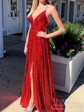 Spaghetti Strap V-neck Red Sequin Prom Dresses Glittering Evening Dress FD2037-prom dresses-Viniodress-Viniodress