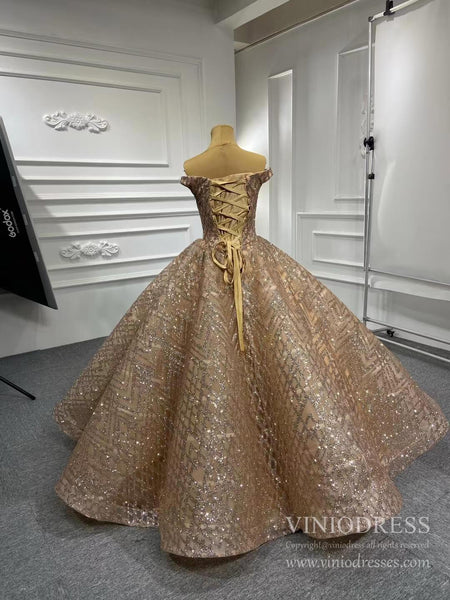 Sparkling Gold Ball Gown Prom Dresses Off Shoulder Quinceañera Dress v ...