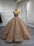 Sparkling Gold Ball Gown Prom Dresses Off Shoulder Quinceañera Dress viniodress