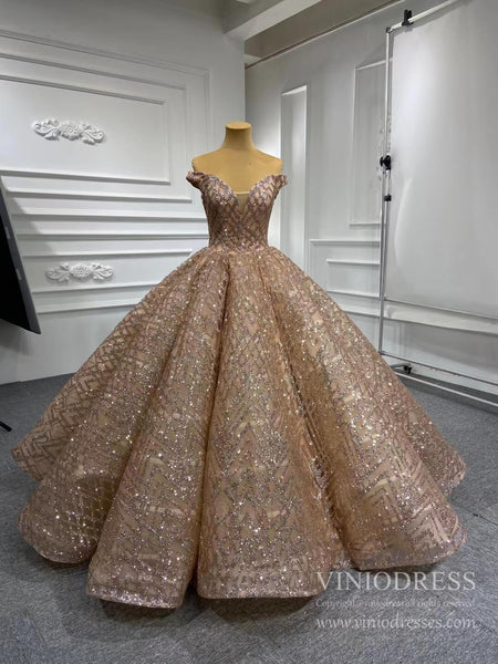 Sparkling Gold Ball Gown Prom Dresses Off Shoulder Quinceañera Dress v ...